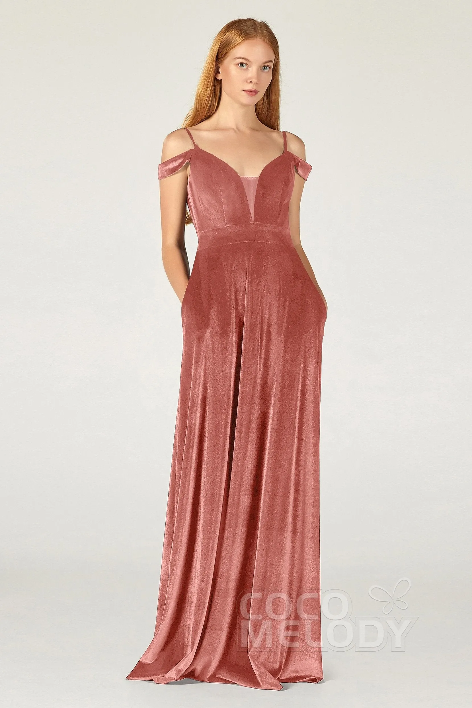 A-Line Floor Length Velvet Bridesmaid Dress CB0373