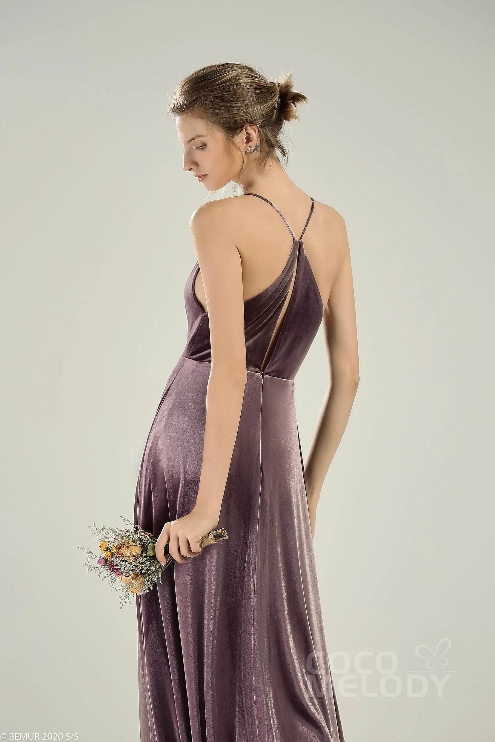 A-Line Floor Length Velvet Bridesmaid Dress CB0625