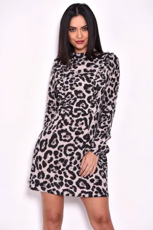 Animal Print Long Sleeve Frill Dress