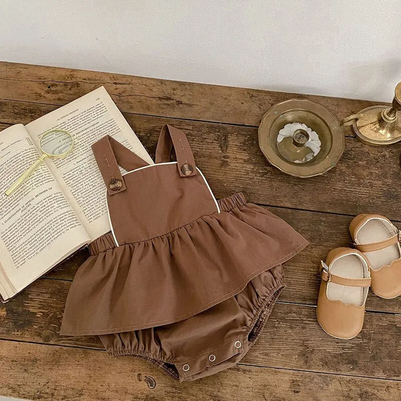 Beige Ruffle Collar Blouse and Skirt Romper Set