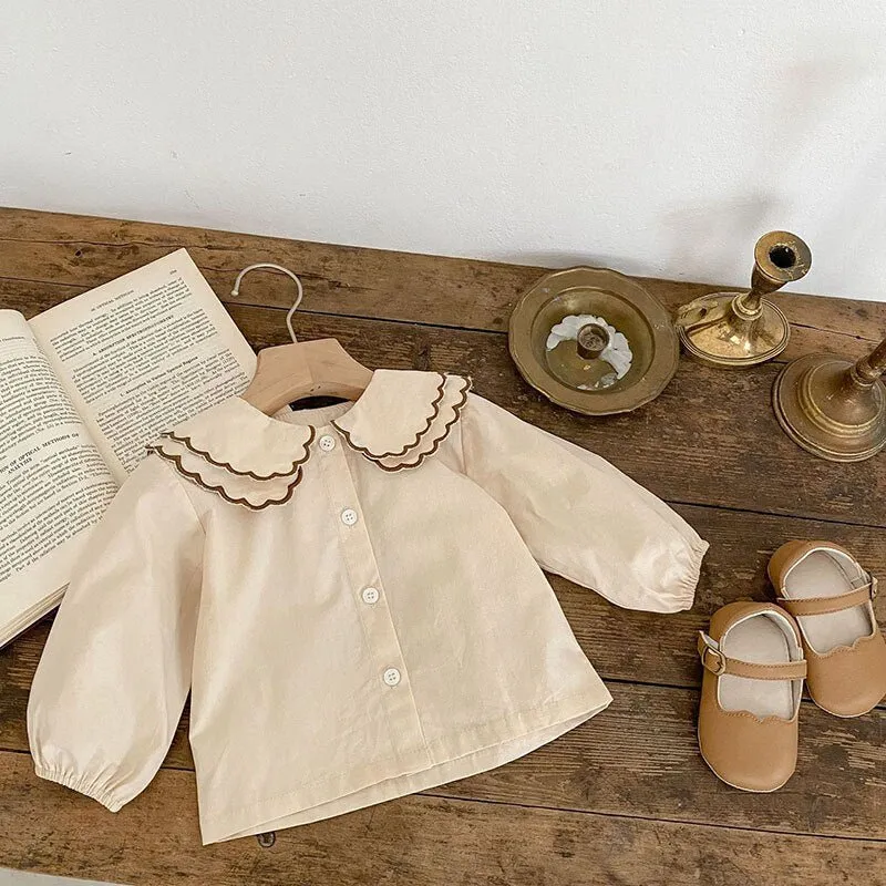 Beige Ruffle Collar Blouse and Skirt Romper Set