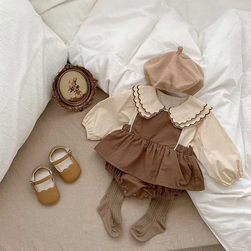 Beige Ruffle Collar Blouse and Skirt Romper Set