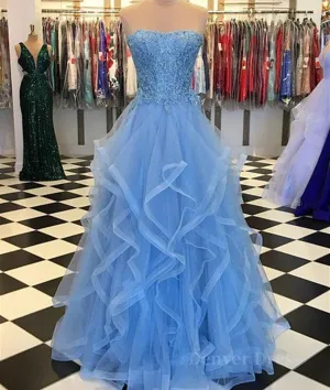 Blue Lace Tulle Long Prom Dresses Blue Lace Ball Gown Blue Lace Formal Dresses Evening Dresses