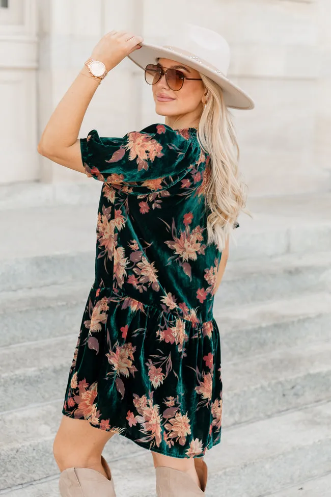 Caution To The Wind Teal Velvet Floral Burnout Babydoll Dress FINAL SALE