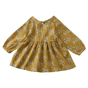 Full Sleeve Daisy Flower Theme Girls Dress, Mustard