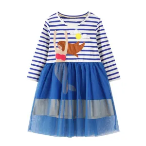 Full Sleeve Mermaid Theme Striped  Girls Dress, Blue