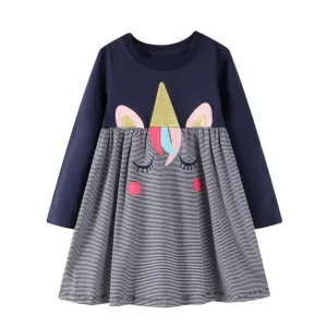 Full Sleeve Unicorn Pattern  Girls Dress, Blue