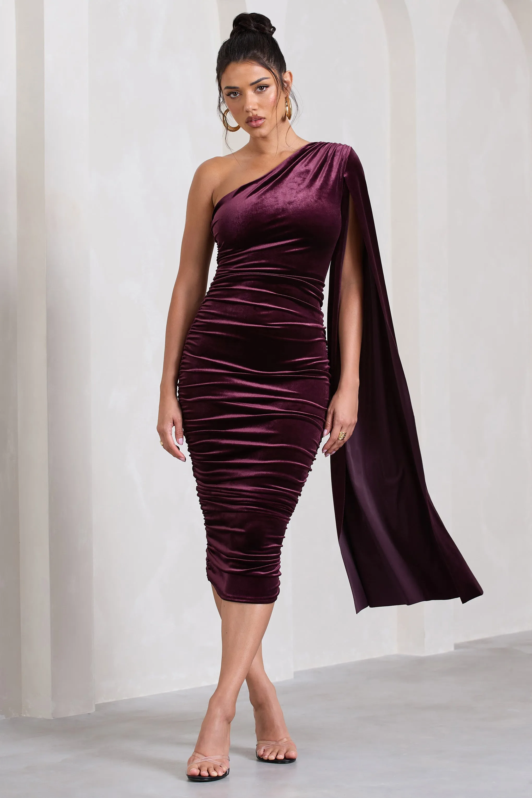 Gianna | Port Velvet One Shoulder Cape Bodycon Midi Dress