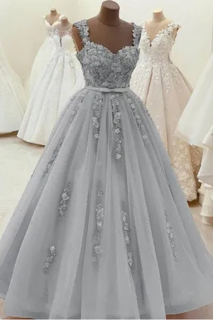 Gorgeous Sweetheart Neck Beaded Gray Floral Lace Evening Dress, Grey Floral Lace Formal Dresses