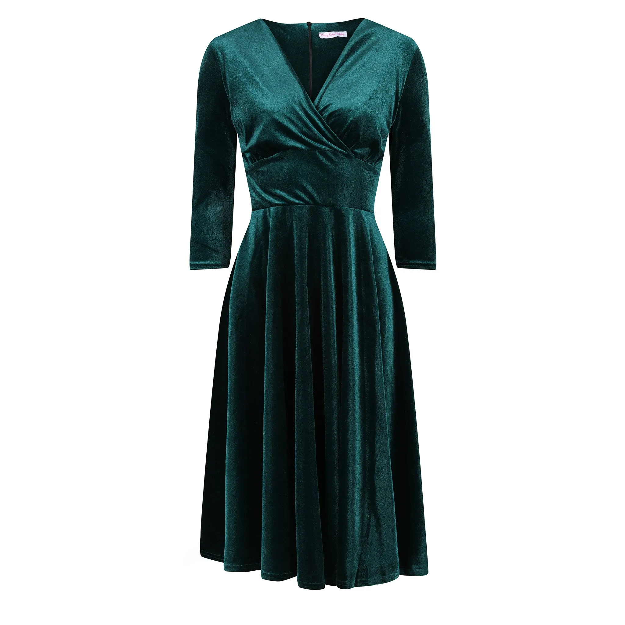 Green Velour Vintage A Line Crossover 3/4 Sleeve Tea Swing Dress