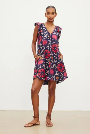 JENNA PRINTED SILK COTTON VOILE SHORT SLEEVE DRESS