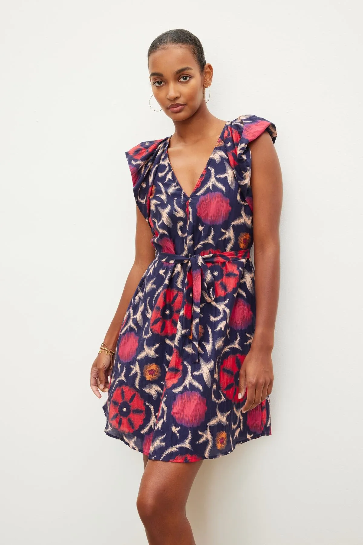 JENNA PRINTED SILK COTTON VOILE SHORT SLEEVE DRESS