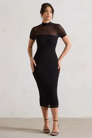 Melinda | Black High-Neck Short Sleeve Midi Dress