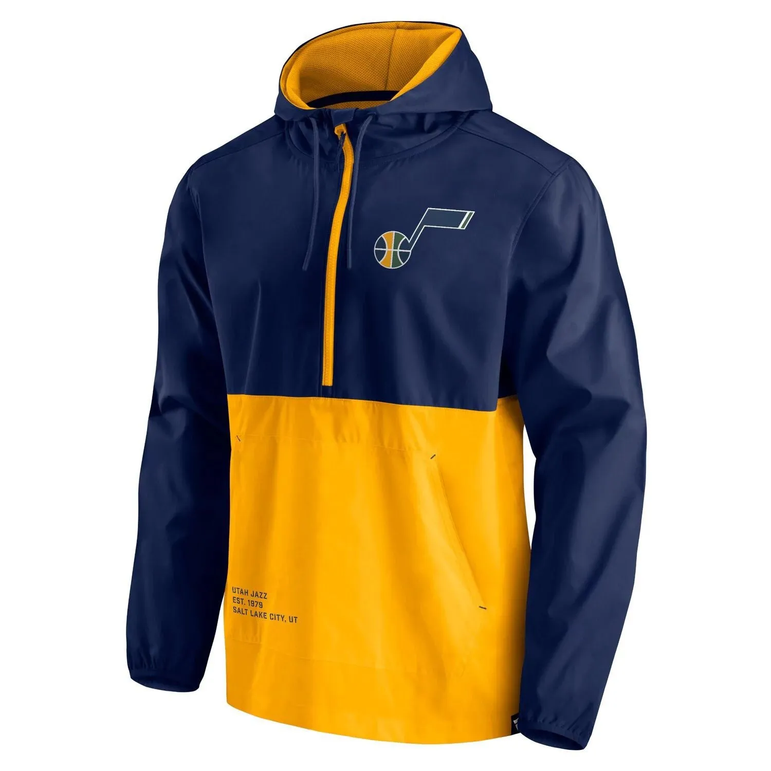 Men's Branded Navy/Gold Utah Jazz Anorak Block Party Half Zip Hooded Windbreaker Fanatics