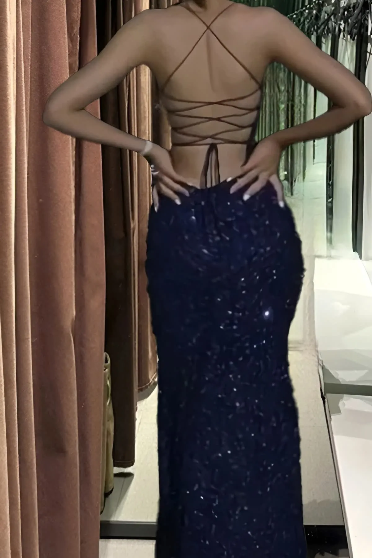 Navy Blue Sequin Long Prom Dresses Mermaid Cross Back Evening Party Dresses