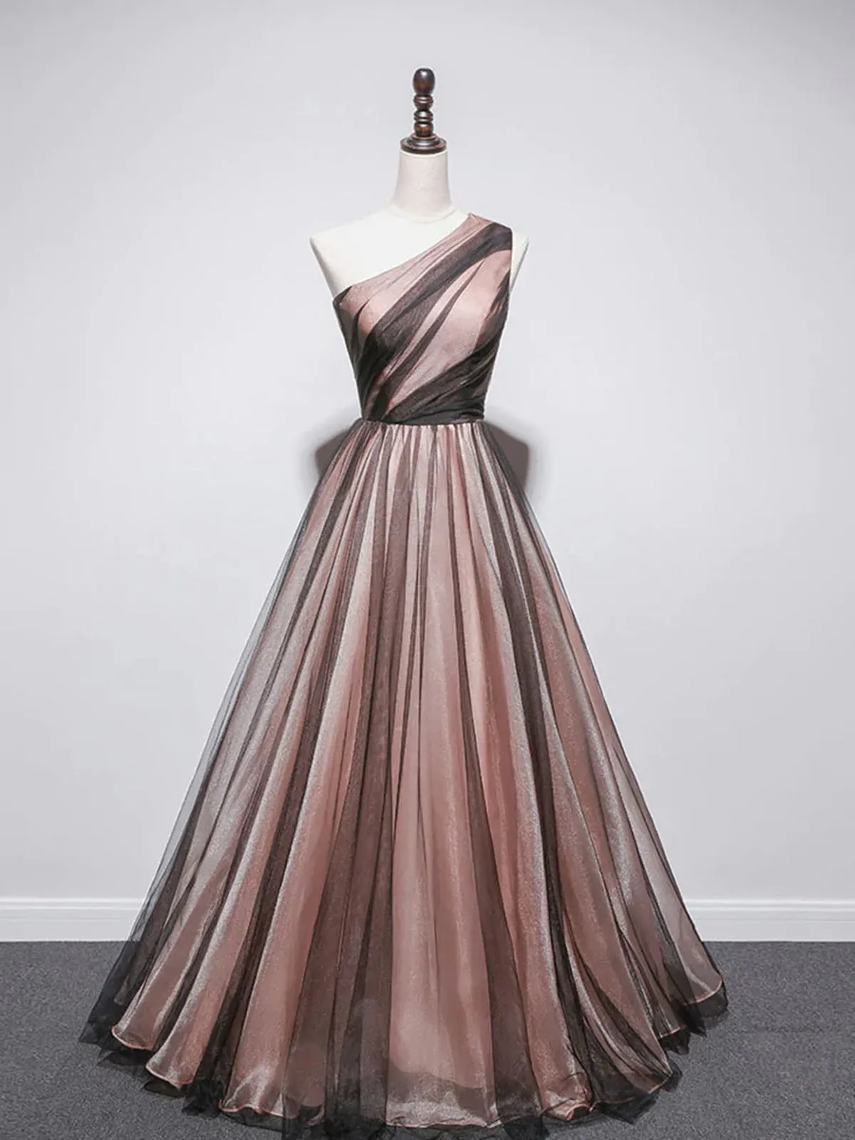 One Shoulder Brown Tulle Prom Dresses, Brown Tulle Formal Evening Dresses