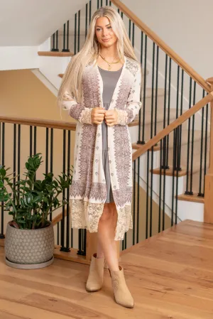 Paula Lace & Rhinestones Open Cardi - Taupe