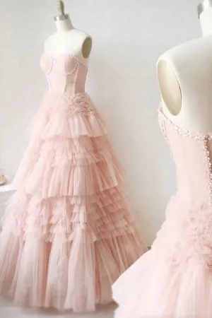 Pink Tulle Lace Long Prom Dresses A-Line Strapless Evening Dresses