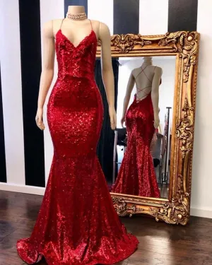 Red Halter Sequins Sparkle Evening Gowns Sexy Mermaid Dresses Long Maxi Dress