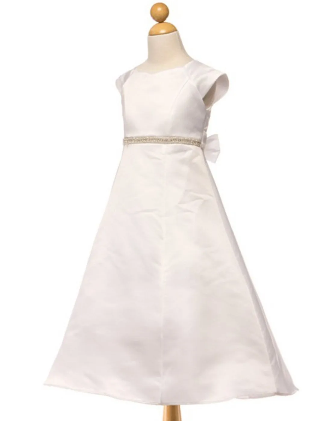 Satin A-Line Dress with Beaded Waist belt - White