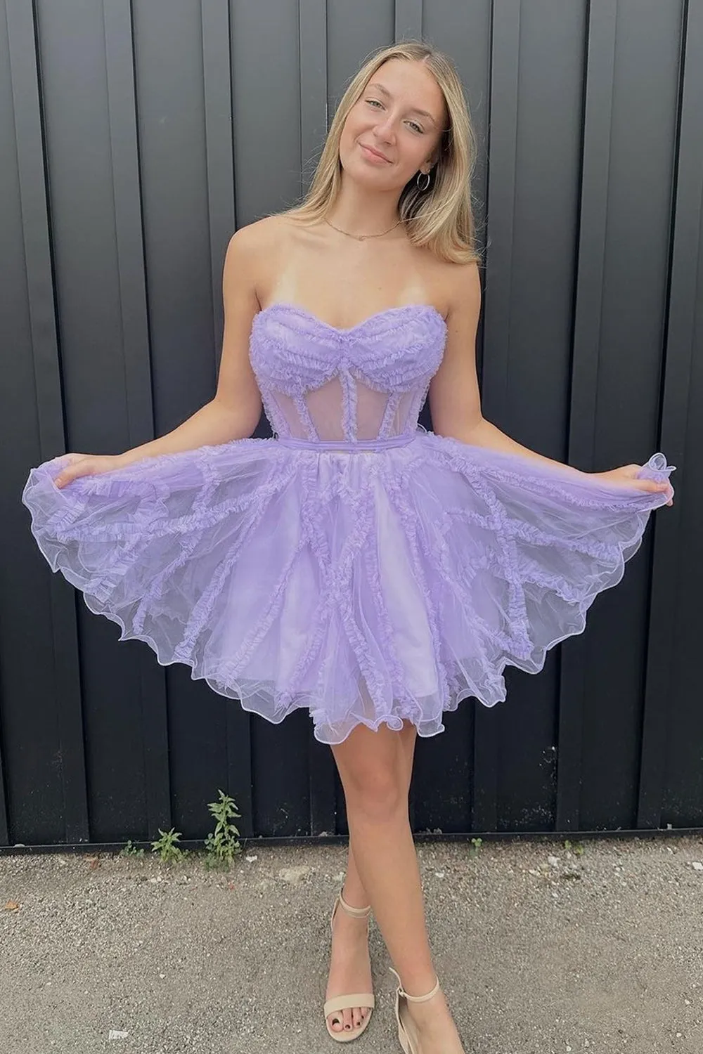 Trendy A-Line Fuchsia Tulle Corset Homecoming Dress Semi Formal Dresses