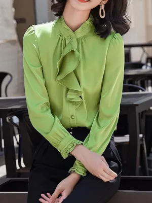 Trinity Elegant Chiffon Ruffle Collar Shirt Top-Green