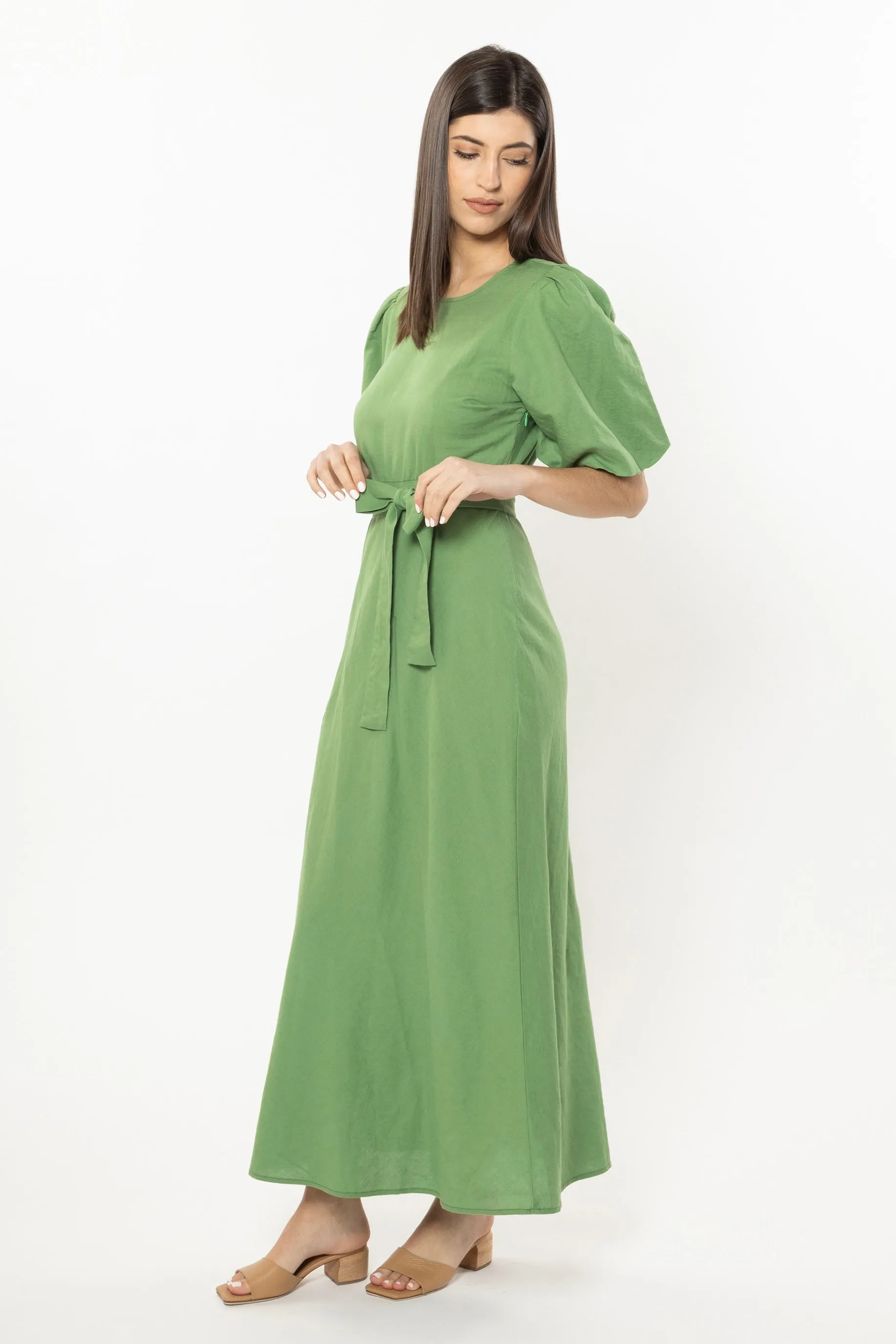 Whimsical Leaf Linen Cotton LS Tiered Maxi Dress