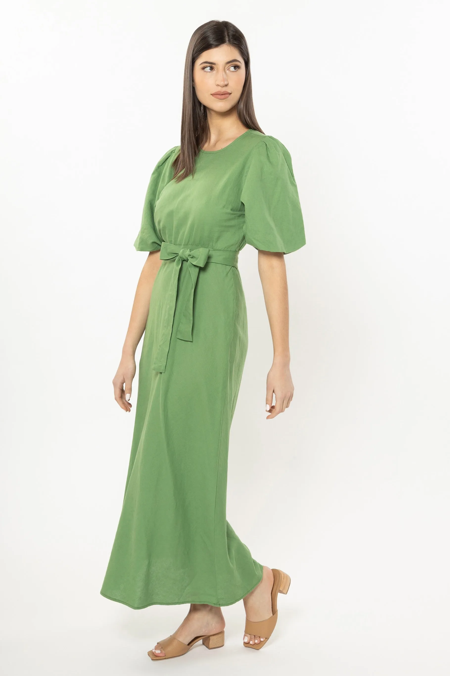 Whimsical Leaf Linen Cotton LS Tiered Maxi Dress